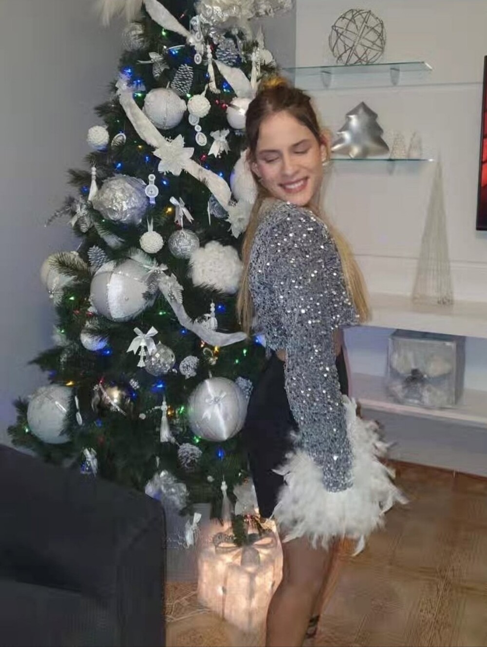 Silver Sequin Cropped Top with Feather Trim